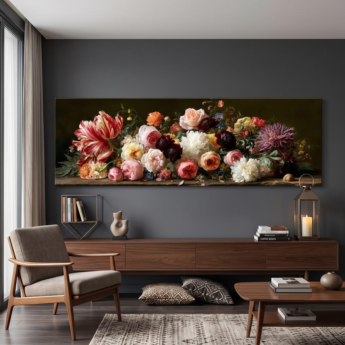 Dutch Golden Age Floral Still Life Panoramic Canvas Print, Vintage Botanical Flowers Wall Art, Dark Academia Living Room Decor