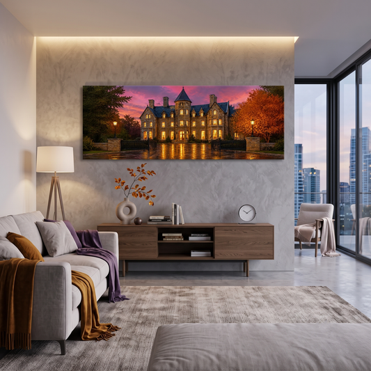 Haunted Mansion Autumn Night Panoramic Canvas Print, Victorian Gothic Castle Wall Art, Dark Academia Moody Pink Sky Decor