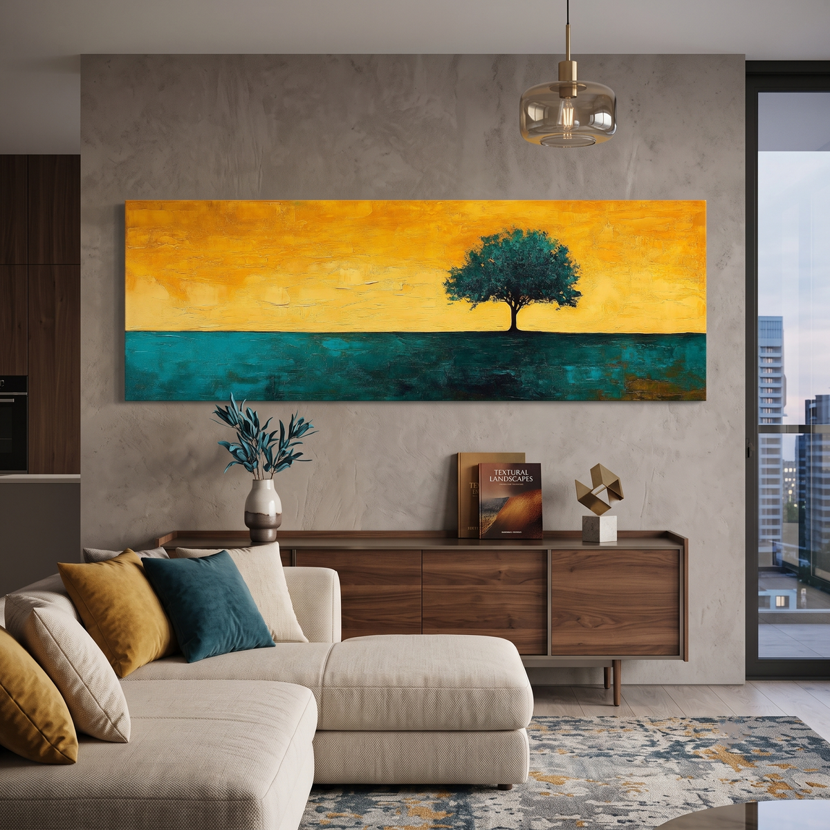 Minimalist Lone Tree Abstract Landscape Panoramic Canvas Print, Teal Yellow Gold Modern Nature Home Wall Art, Contemporary Decor