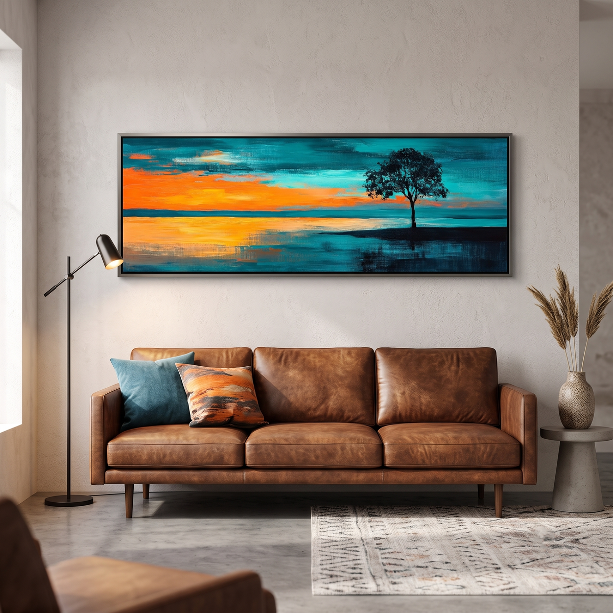 Dramatic Lone Tree Teal Orange Sky Panoramic Canvas Print, Abstract Sunset Landscape Wall Art, Silhouette Oversized Horizon Art Decor