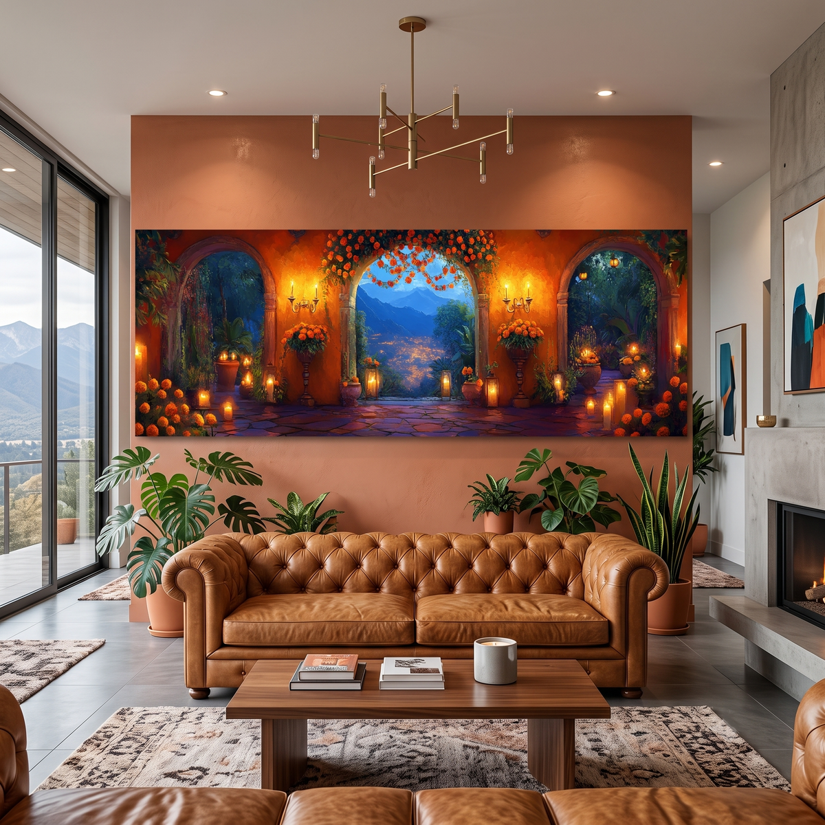 Mexican Courtyard Twilight Panoramic Canvas Print, Marigold Archway Sunset Landscape Wall Art