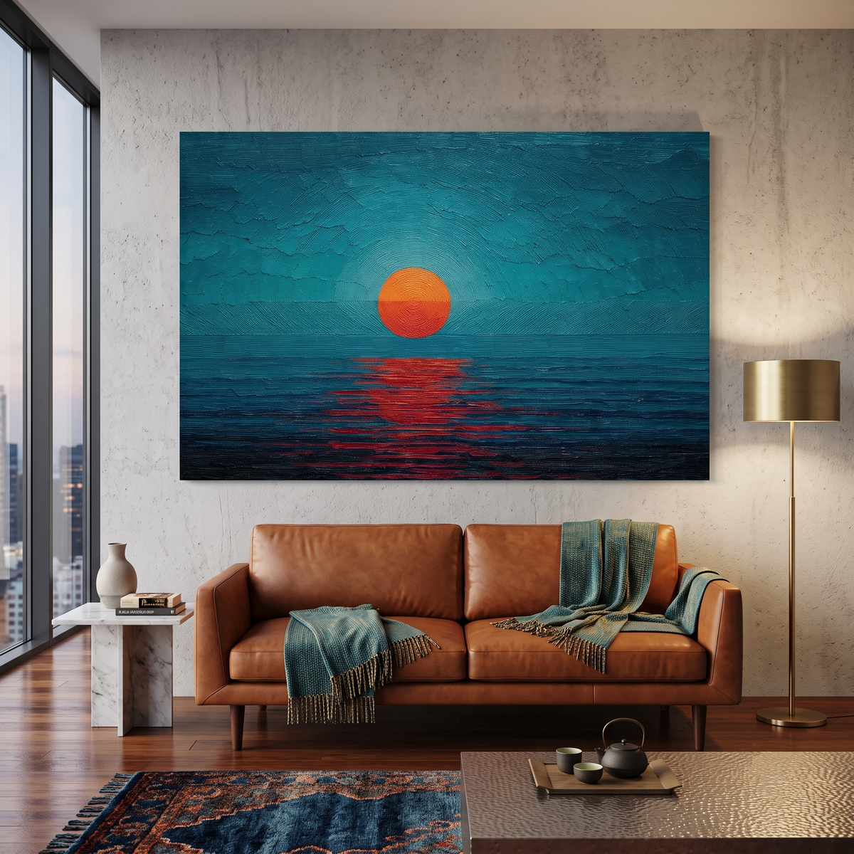 Minimalist Teal Orange Sun Seascape Canvas Print, Abstract Impasto Ocean Sunset Wall Art, Entryway Wall Decor