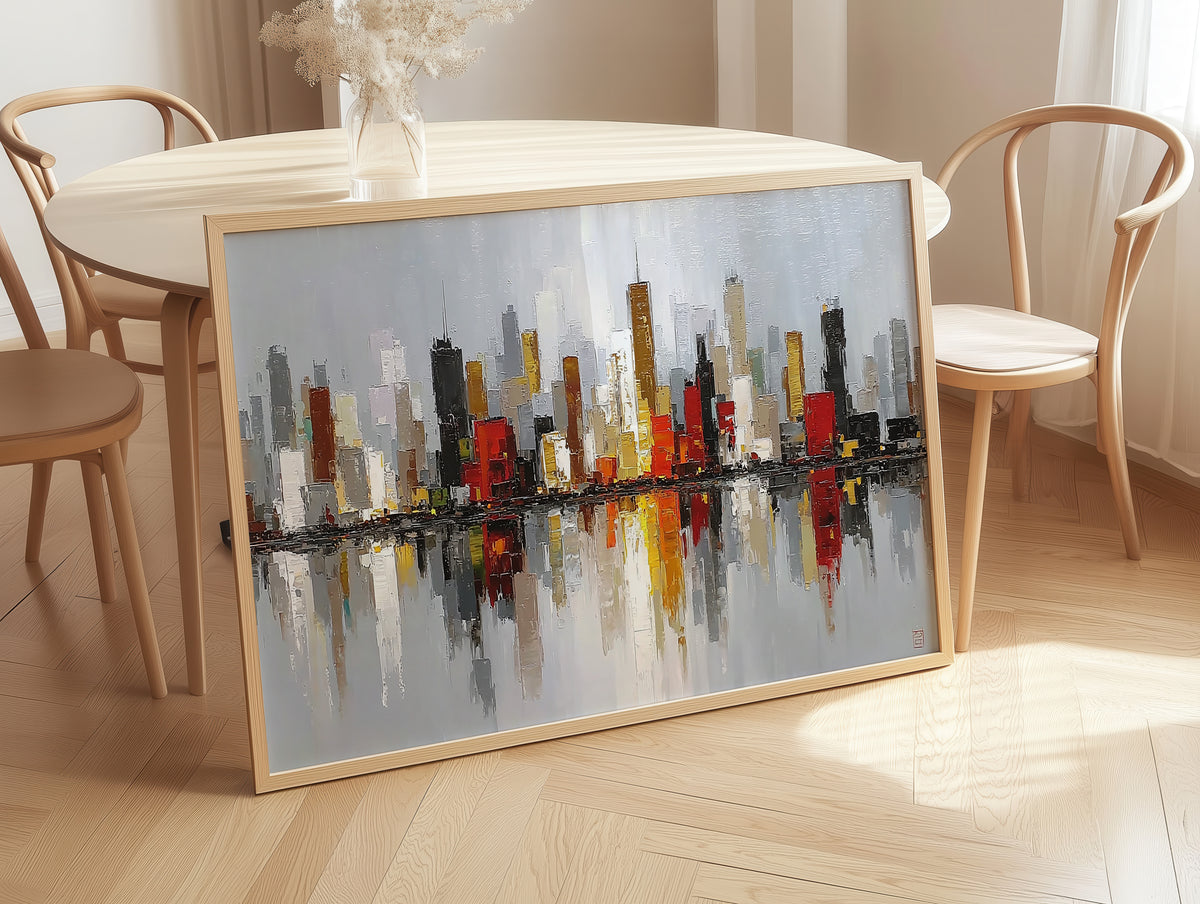 Abstract City Skyline Horizontal Canvas Print, Modern Cityscape Wall Art with Reflection, Office Wall Decor