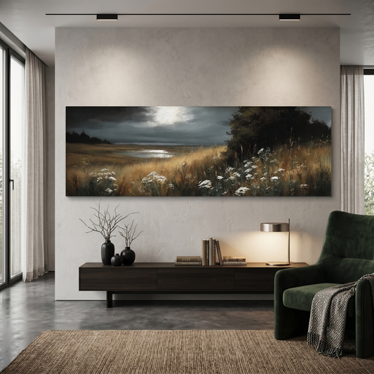 Moody wildflower meadow canvas print with moonlit sky hanging above a console table in a modern living room