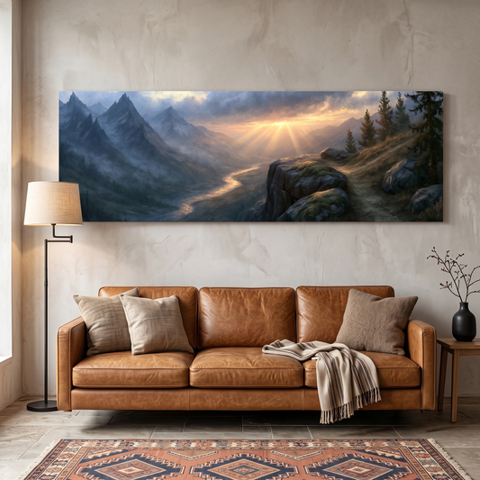 Alpine Mountain Valley Sunrise Panoramic Canvas Print, Golden Light Ray Landscape Wall Art, Rustic Living Room Canvas Decor