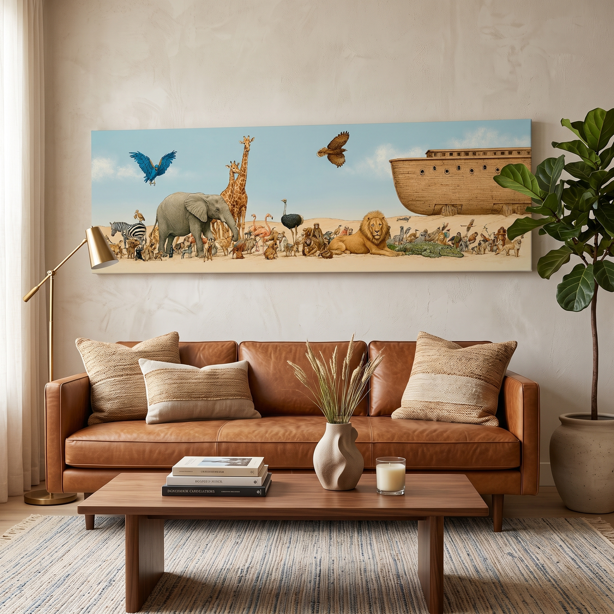 Whimsical Noah's Ark Wildlife Panoramic Canvas Print, Biblical Wildlife Wall Art, Extra Large Kids Nursery Decor