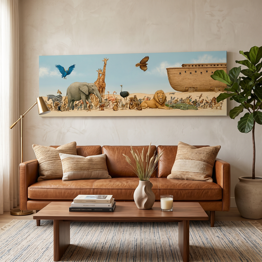 Whimsical Noah's Ark Wildlife Panoramic Canvas Print, Biblical Wildlife Wall Art, Extra Large Kids Nursery Decor