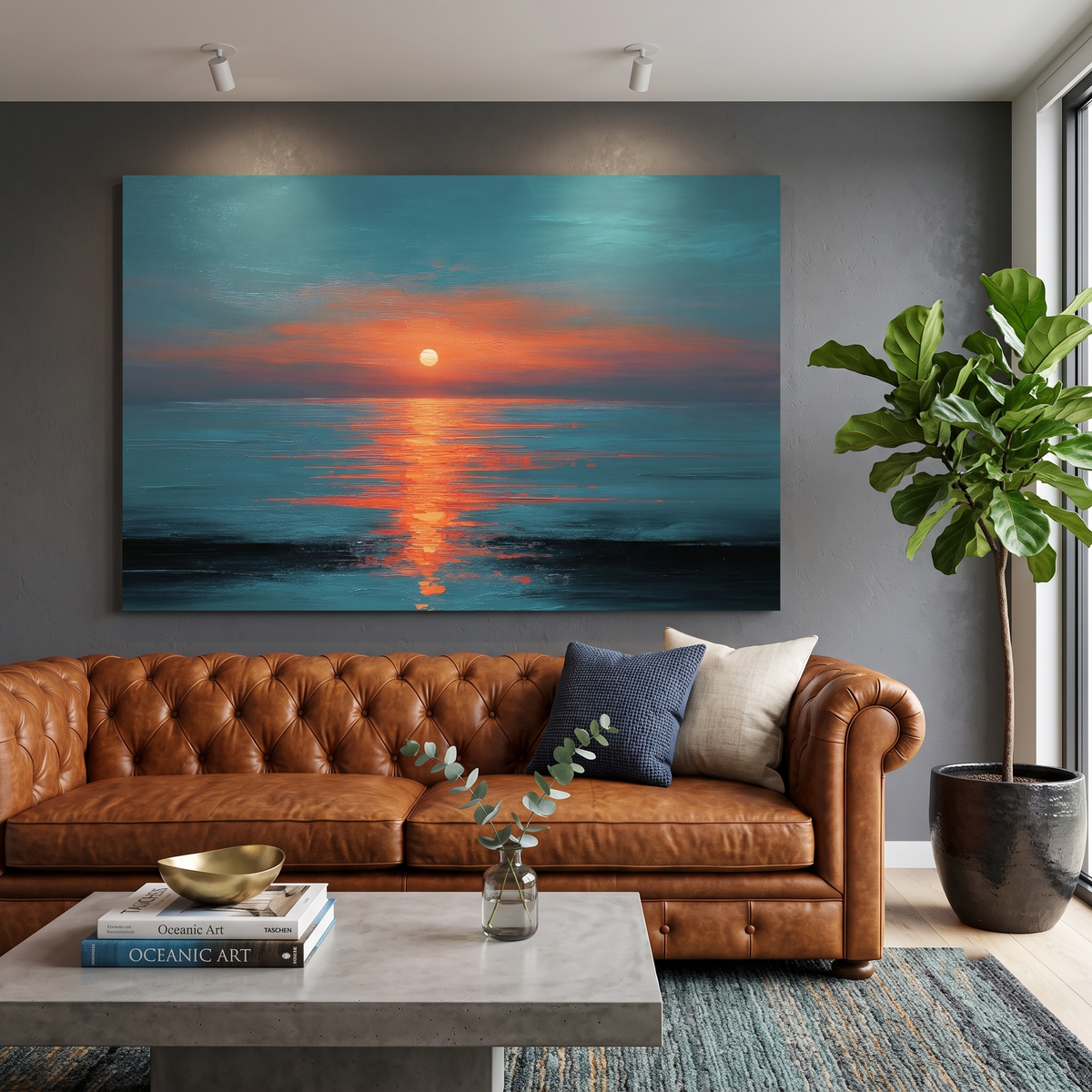 Dramatic Ocean Sunset Teal Orange Canvas Print, Glowing Sun Reflection Seascape Wall Art, Oil Painting Style, Extra Large Home Office Decor