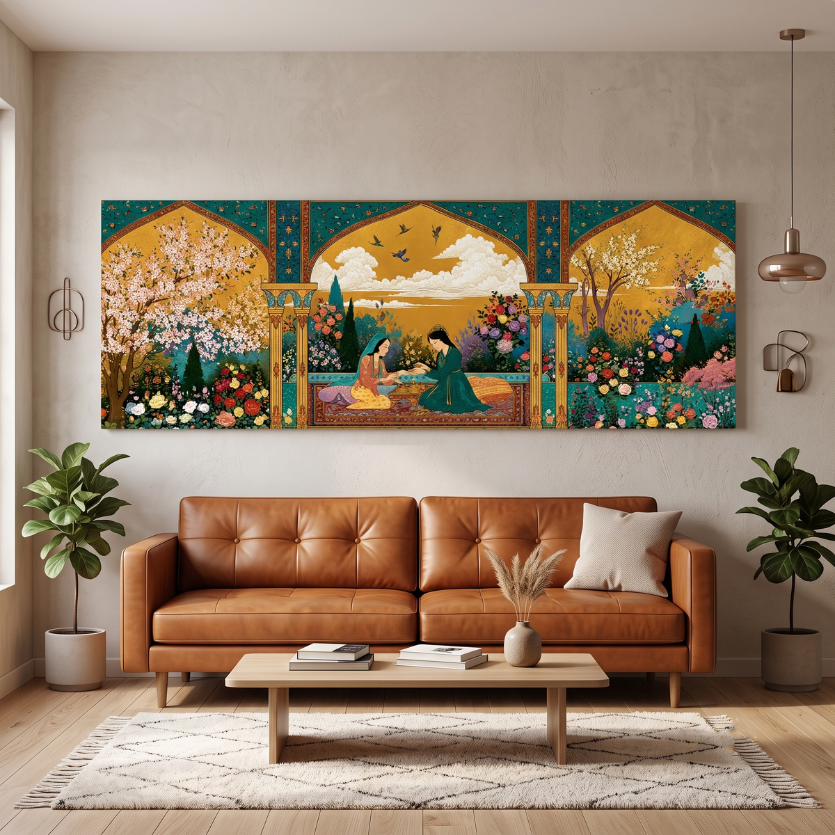Persian Garden Women Tea Ceremony Panoramic Canvas Print, Islamic Miniature Gold Floral Wall Art, Exotic Middle Eastern Decor