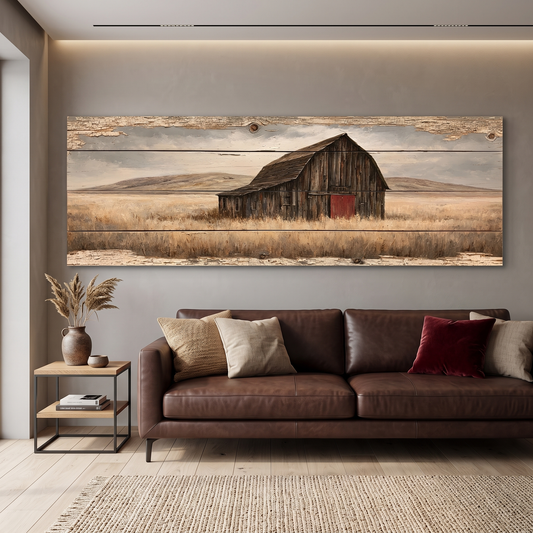 Rustic Barn Wood Plank Panoramic Canvas Print, Vintage Prairie Farmhouse Wall Art, Panorama Barnwood Sign, Farmhouse Country Decor