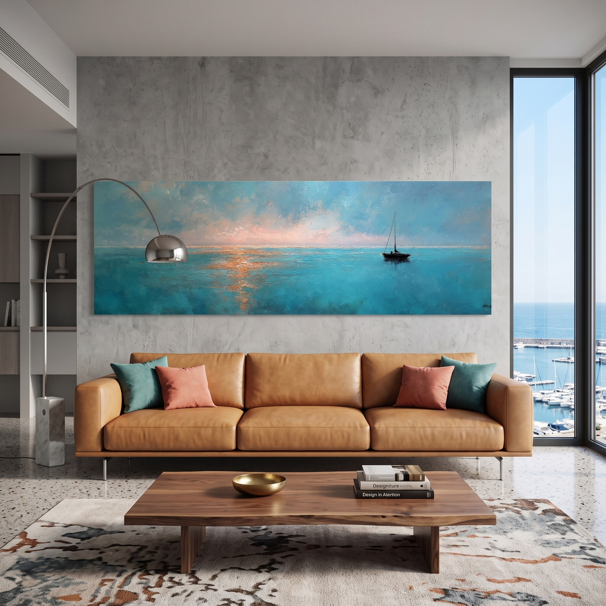 Minimalist Sailboat Ocean Sunset Panoramic Canvas Print, Peaceful Nautical Teal Seascape Wall Art, Coastal Modern Living Room Decor