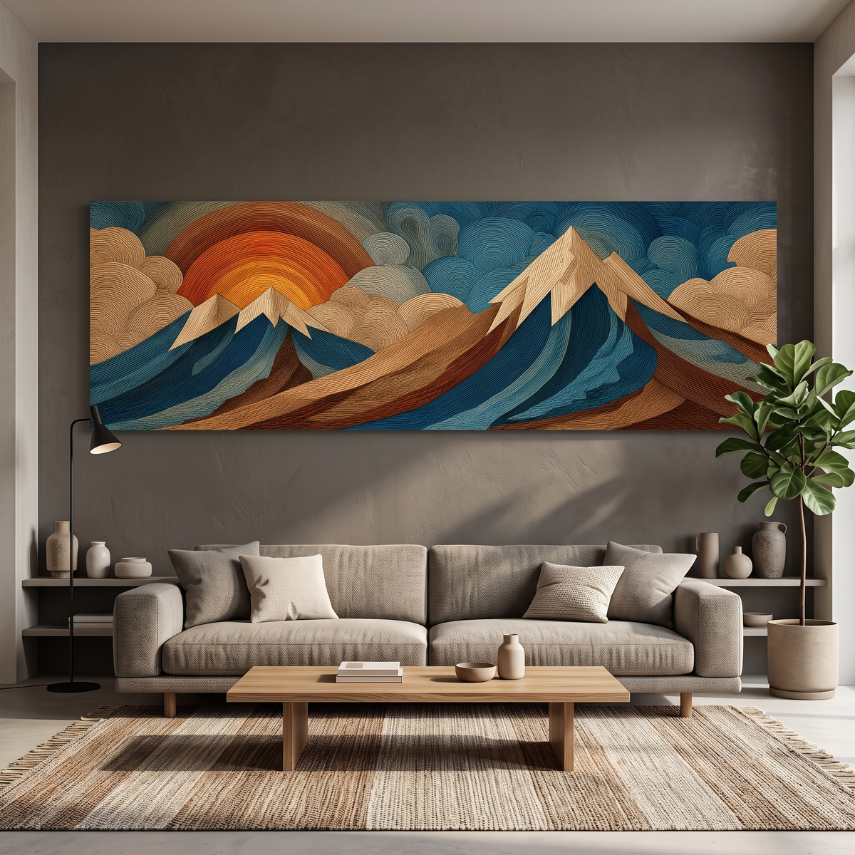 Boho Layered Mountain and Sunrise Panoramic Canvas Print, Wood Engraving Style Teal Orange Wall Art, Modern Above Sofa Art Decor