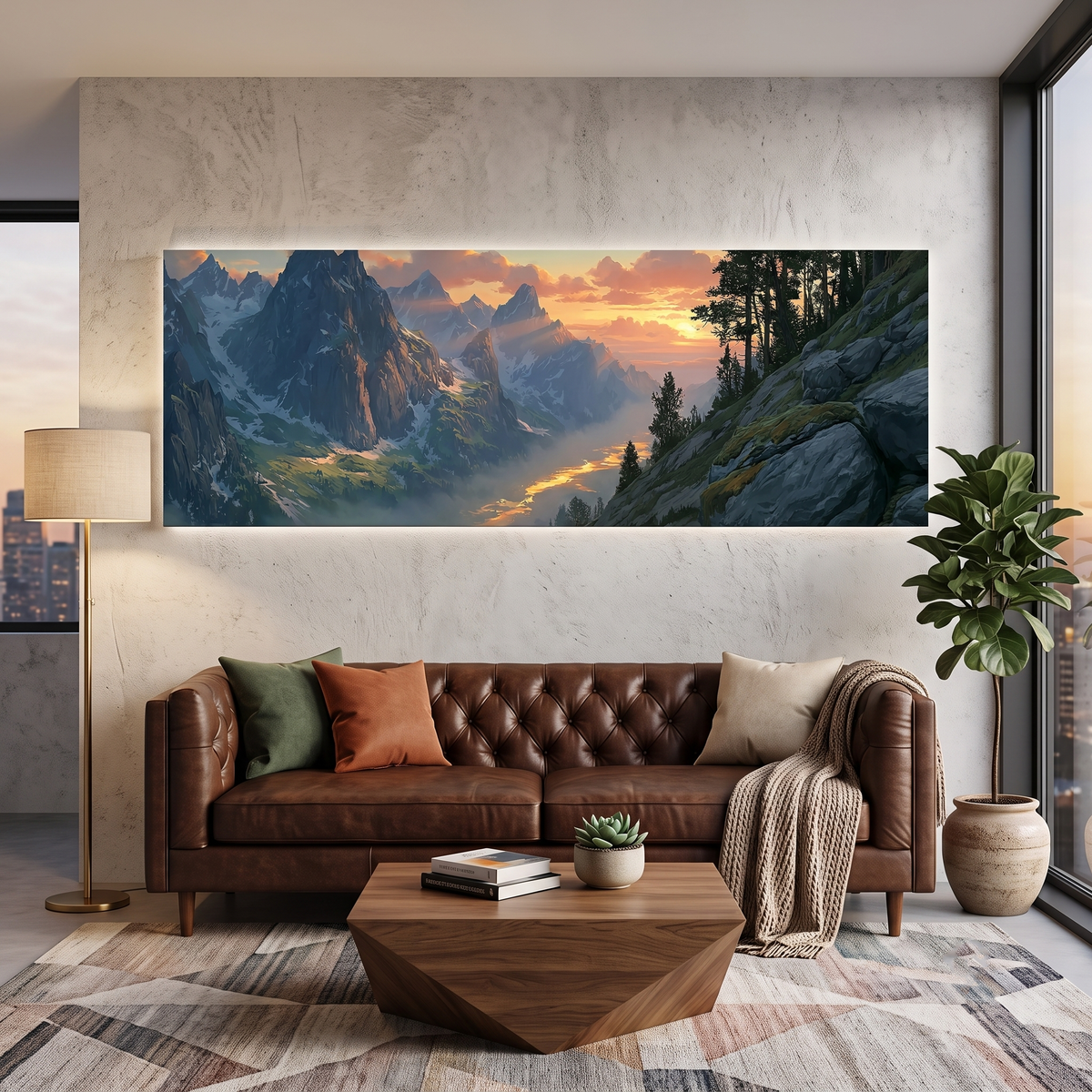 Alpine Mountain Valley Sunset Panoramic Canvas Print, Snow Peak Pine Forest Wall Art, Majestic Wilderness Winter Decor