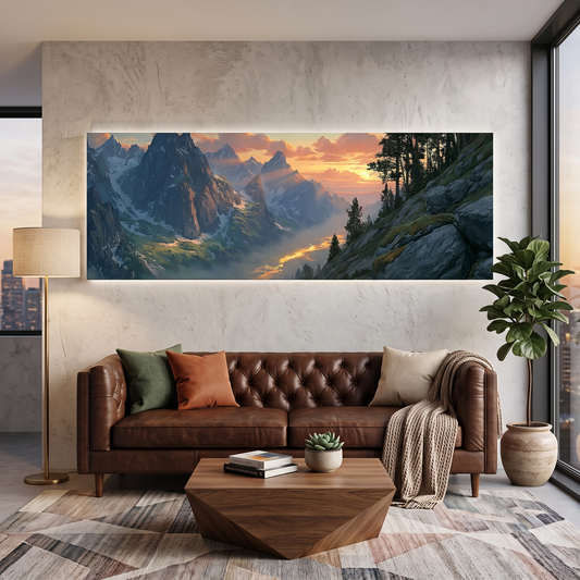 Alpine Mountain Valley Sunset Panoramic Canvas Print, Snow Peak Pine Forest Wall Art, Majestic Wilderness Winter Decor