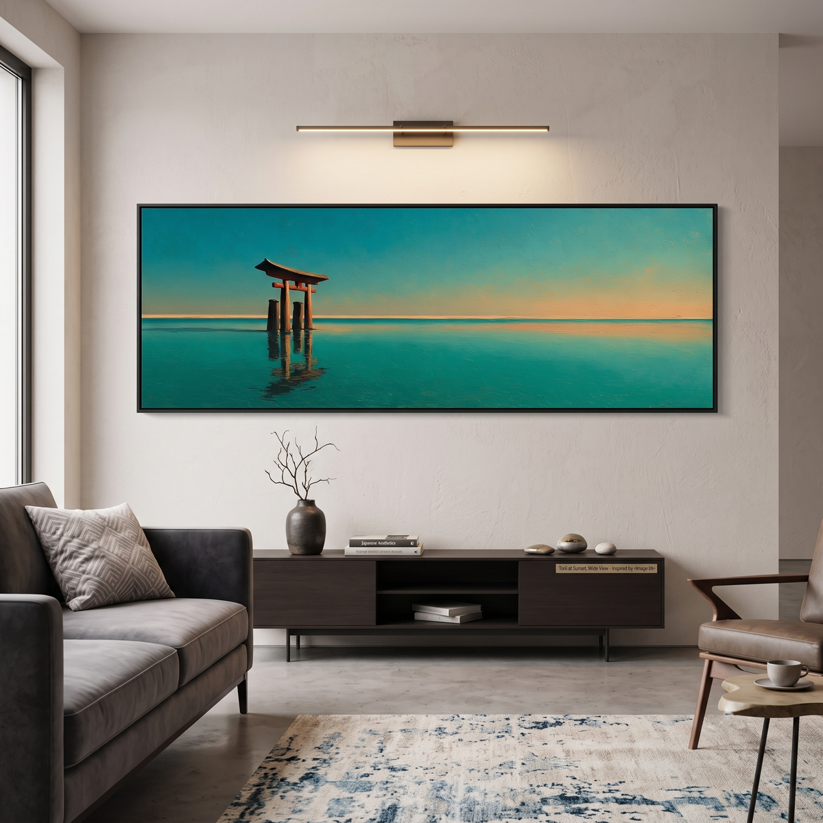 Japanese Torii Gate Ocean Sunset Panoramic Canvas Print, Minimalist Teal Blue Wall Art, Extra Large Zen Living Room Decor