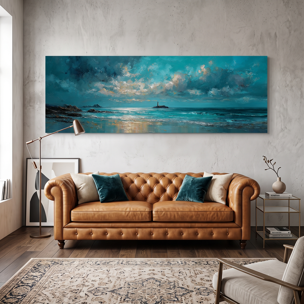 Dramatic Teal Seascape Lighthouse Panoramic Canvas Print, Stormy Ocean Sky Wall Art, Moody Ocean Horizon Art Decor