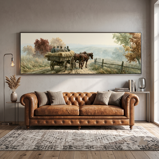 Vintage Horse Wagon Countryside Panoramic Canvas Print, Autumn Landscape Rustic Farmhouse Wall Art, Country Home Art Decor