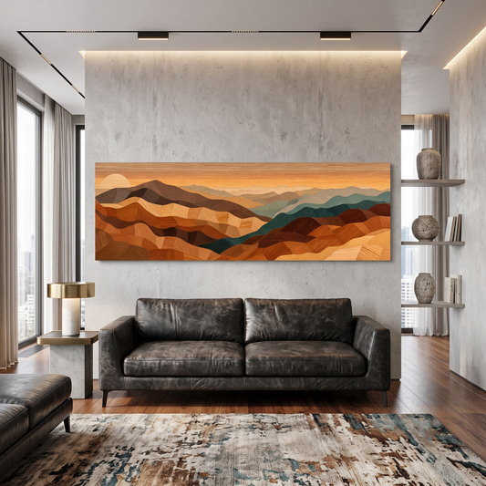 Wood Mosaic Desert Mountain Landscape Panoramic Canvas Print, Earthy Terracotta Teal Geometric Desert Wall Art, Over Bed Room Decor