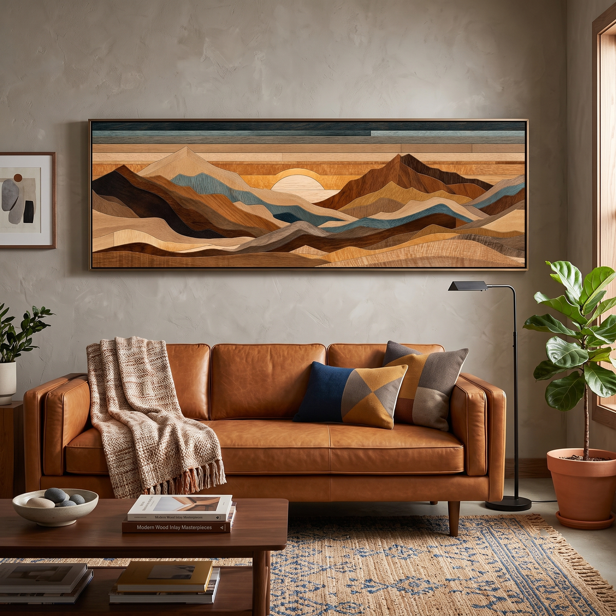 Wood Inlay Mountain Landscape Panoramic Canvas Print, Earthy Brown Blue Geometric Wall Art, Rustic Cabin Decor