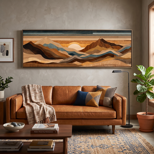 Wood Inlay Mountain Landscape Panoramic Canvas Print, Earthy Brown Blue Geometric Wall Art, Rustic Cabin Decor